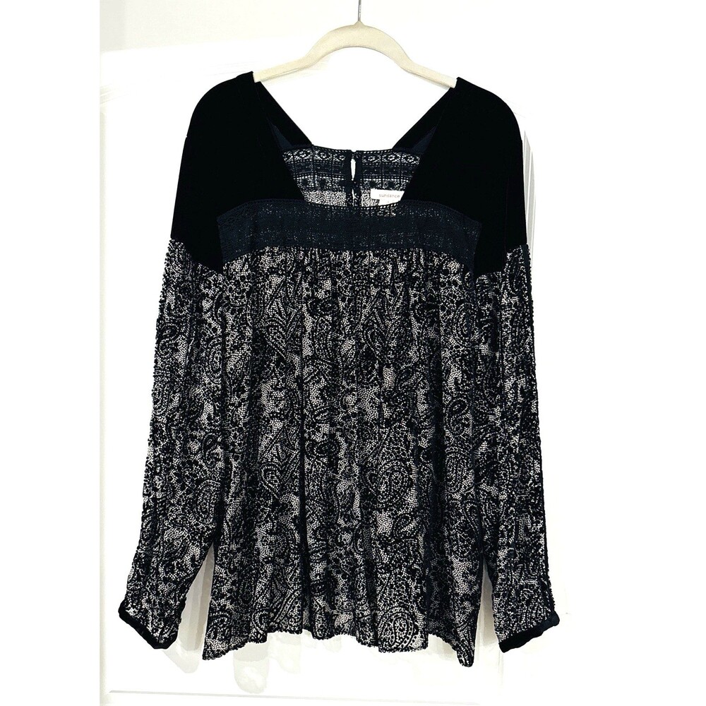 Sundance Top Large Black Velvet Silk Blend Paisley Peasant Blouse Lace Trim Boho